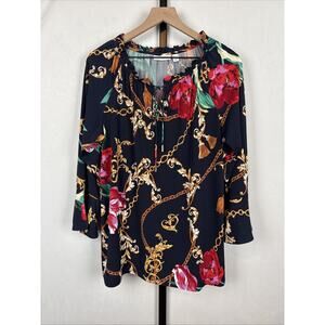 Susan Graver Liquid Knit 3/4 Sleeve Blouse Women's Large Blue Floral Peasant Top